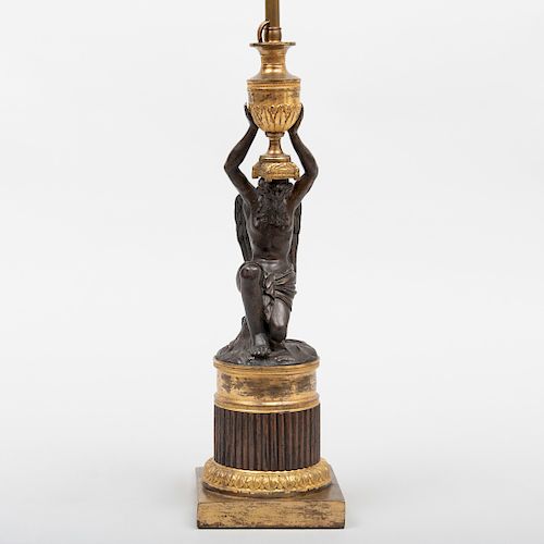Continental Neoclassical Gilt and Patinated-Bronze Figural Lamp