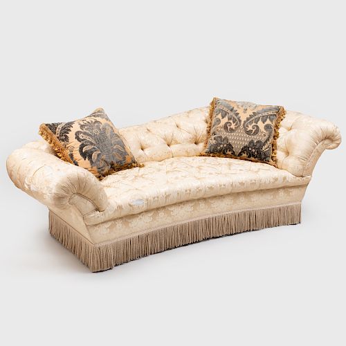Cream Damask Tufted Upholstered Sofa with Fringe Apron