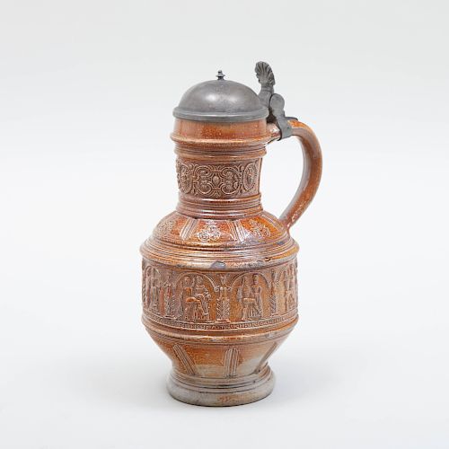 Raeren Pewter Mounted Brown Salt Glaze Stoneware Jug