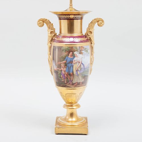 Large Paris Porcelain Gilt Ground Vase Mounted as a Lamp
