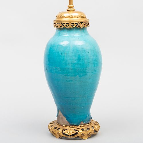 Pottery Turquoise Glazed Vase Mounted as a Lamp, Possibly Persian