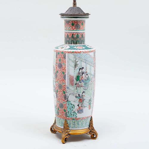 Chinese Porcelain Famille Verte Rouleau Vase, Mounted as a Lamp
