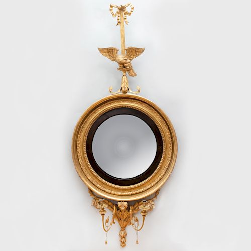 George III Giltwood and Ebonized Two-Light Girandole Mirror