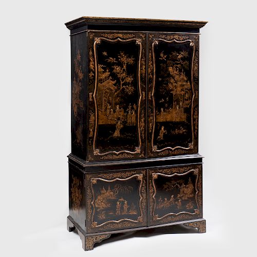 George III Style Black Lacquer and Parcel-Gilt Linen Press
