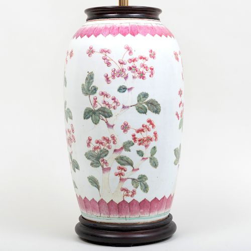 Large Chinese Famille Rose Porcelain Jar Mounted as a Lamp