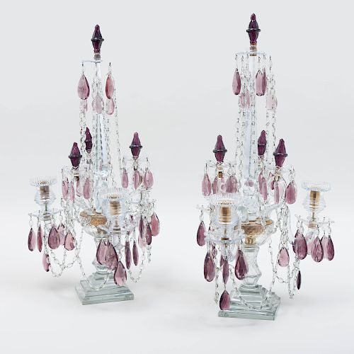 Pair of George III Style Clear and Amethyst Cut Glass Three-Light Girandoles