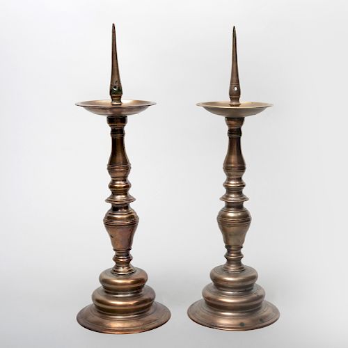 Pair of Continental Baroque Brass Pricket Sticks, Possibly Spanish