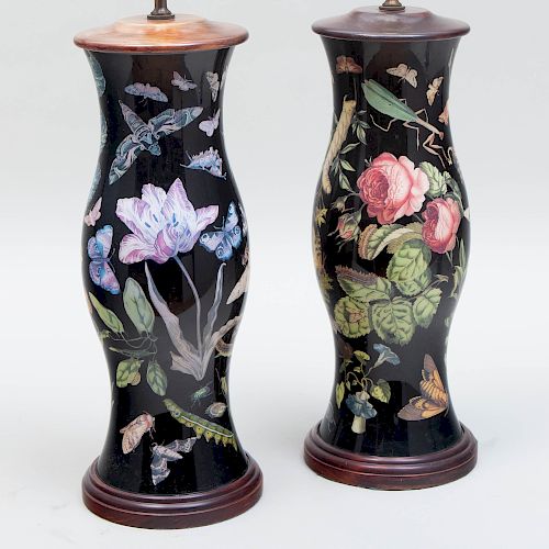 Pair of Glass Decoupage Black Ground Lamps