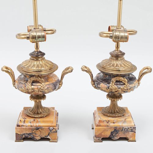 Pair Louis XVI Style Gilt-Metal-Mounted Marble Urns Mounted as Lamps