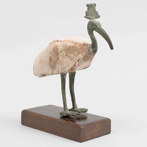 Egyptian Style Carved Wood, Composition and Bronze Figure of an Ibis