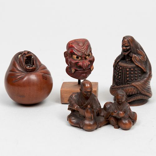 Three Japanese Carved Wood Netsuke and a Small Noh Mask