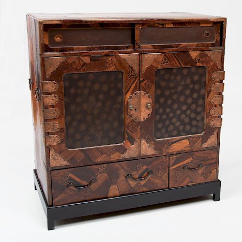 Japanese Brass-Mounted Inlaid Exotic Wood and Lacquer Cabinet