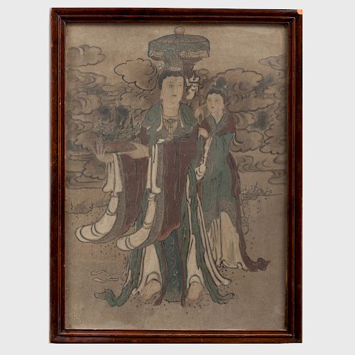 Chinese Ming Style Fresco Painting of Women Bearing Offerings