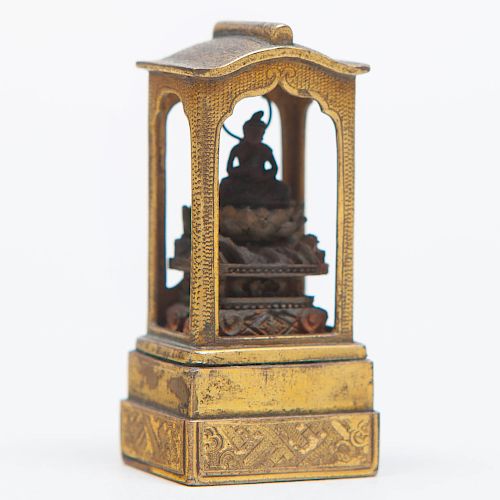 Miniature Gilt-Metal Shrine of Seated Buddha