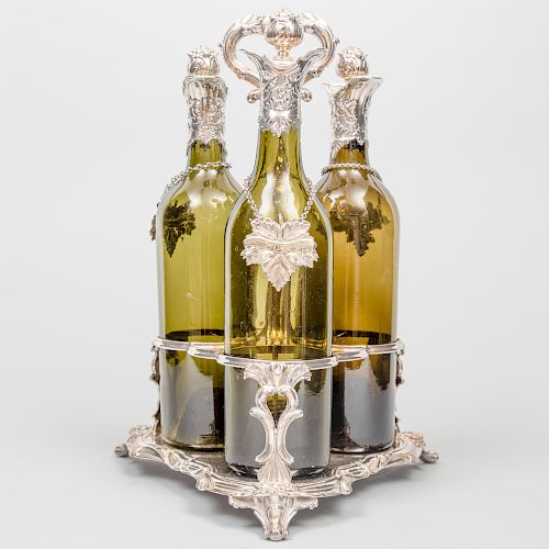 Silver Plate Bottle Caddy and Three Silver-Mounted Bottles