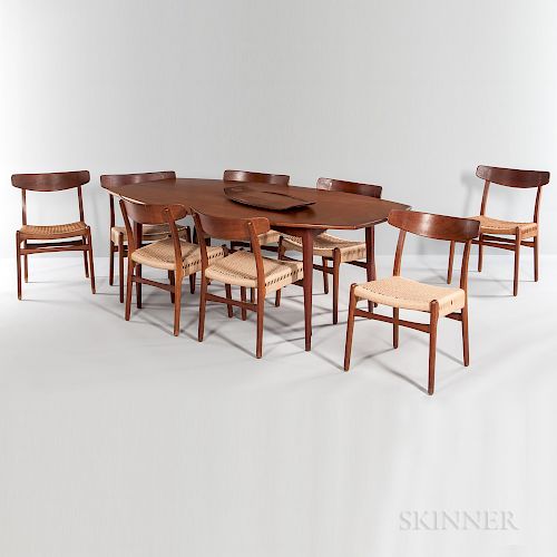 Eight Hans J. Wegner for Carl Hansen & Son CH-23 Chairs, Teak Dining Table, and a Jens Quistgaard Tray