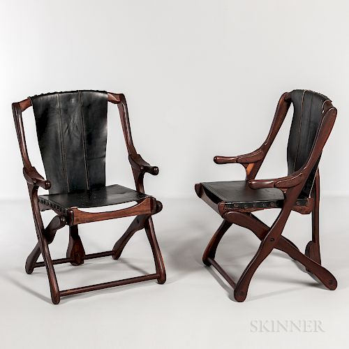 Two Scandinavian Modern Walnut and Leather Folding Chairs