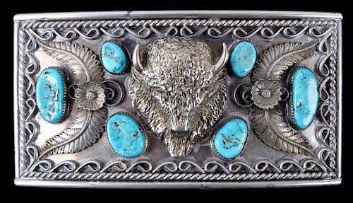 Navajo Large Sterling Buffalo & Turquoise Buckle