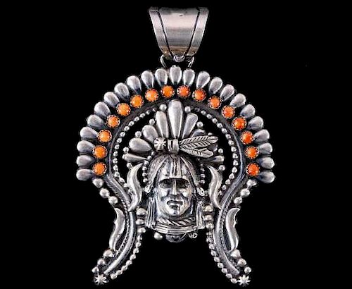 Navajo Large Sterling Chieftain Headdress Pendant