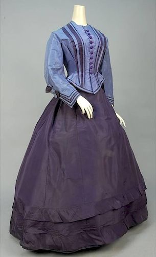 BI-COLOR SATIN AFTERNOON DRESS, LATE 1860s.