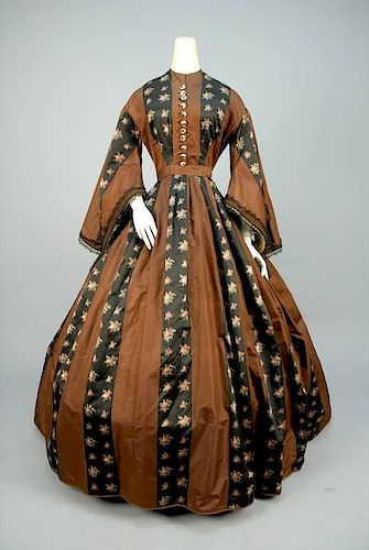 STRIPED SILK DAY DRESS, AMERICAN, c. 1860.