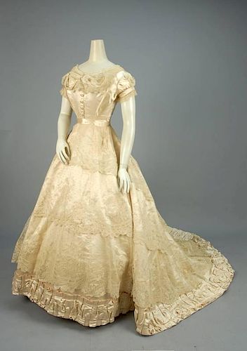 PARIS LABEL SILK and LACE WEDDING DRESS, 1866.