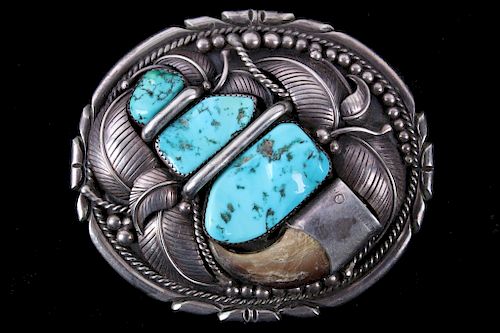 Navajo Bear Claw & Turquoise Sterling Belt Buckle