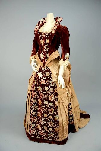 MOIRE SILK and VELVET GOWN with EMBROIDERY, c. 1878.
