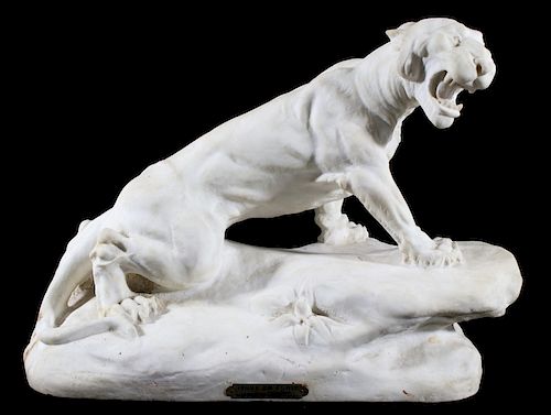 19th Century Signed Alabaster Tiger Sculpture