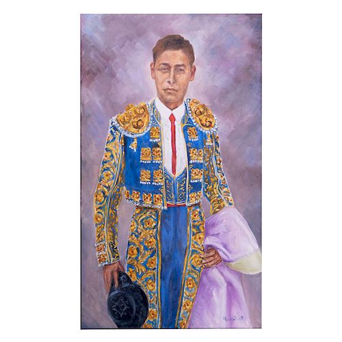 Ramón Reveles (México 1925-) Torero en traje de luces. Óleo sobe tela. Firmado. Enmarcado. 105 x 60 cm