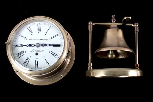 Antique Brass Nautical Clock & Brass Desk Bell