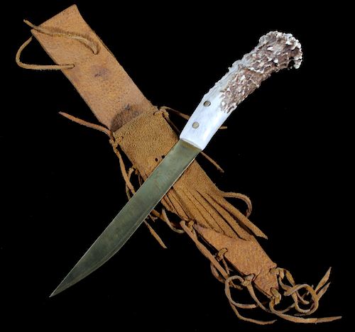 Brass and Antler Knife with Leather Sheath