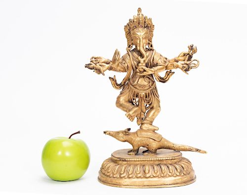 Gilt Bronze Standing Ganesha Deity Figure on mouse