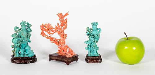 3, Chinese Carved Coral & Turquoise Figures