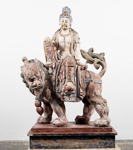 Polychrome Bodhisattva Manjushri Seated on Lion