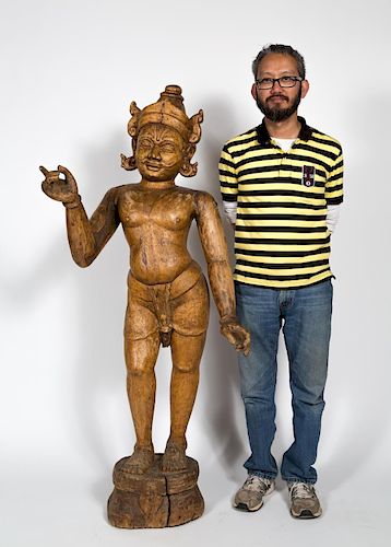 Large Indian Carved Teak Figure of Krishna