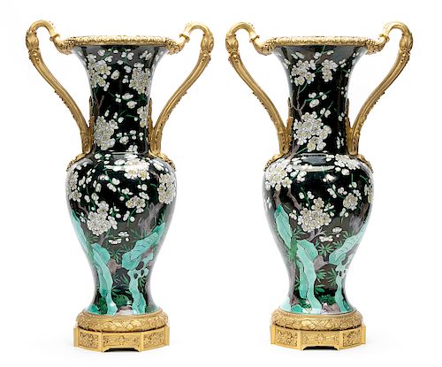 19th C. Dore Bronze Mounted Famille Noir Vases