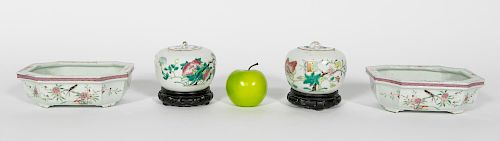 Group of Two Chinese Planters & Two Lidded Jars