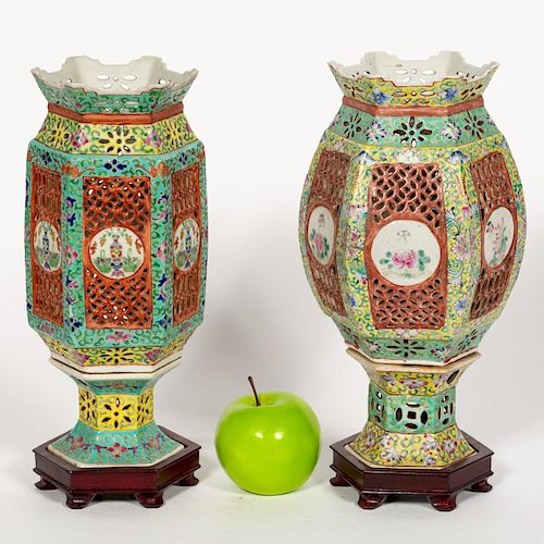 Two Chinese Rose Famille Reticulated Wedding Lamps