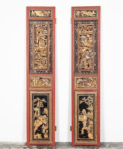 Pair, Chinese Red & Giltwood Carved Panels, 81"