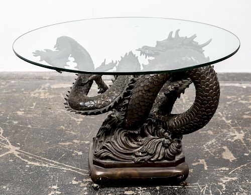 Bronze Dragon Motif Glass Top Table