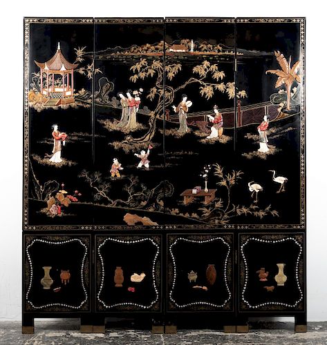 Japanese 4 Panel Black Lacquer Inlaid Screen