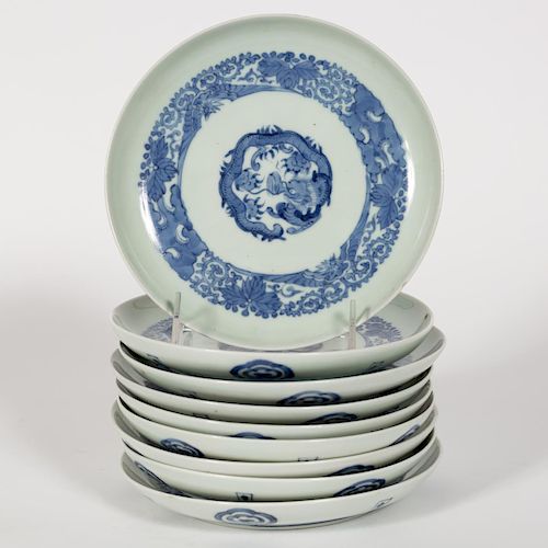 Set of Nine Japanese Blue & White Dragon Plates