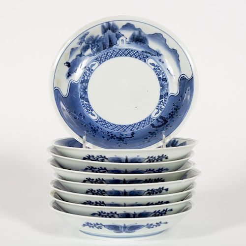 Set of 8 Japanese Blue & White Landscape Plates