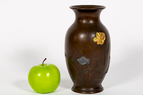 Japanese Bronze & Mixed Metal Floral Motif Vase
