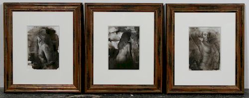 3 Framed Ink Wash Nudes, John Cox