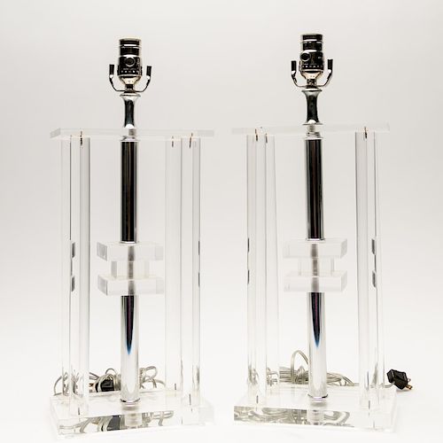 Pair of MCM Lucite & Chrome Table Lamps