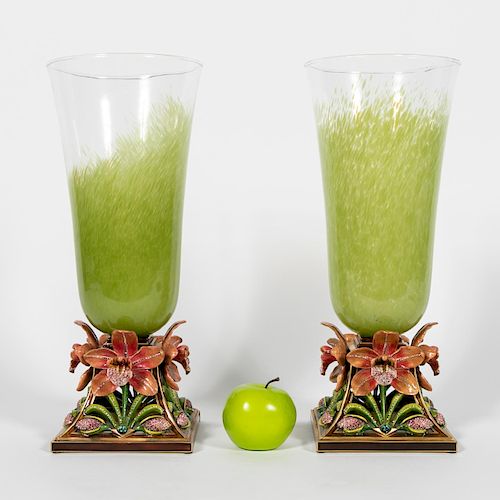 Pair, Jay Strongwater Enameled & Green Glass Vases