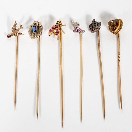 Six Assorted Stick Pins, 10K and 14K