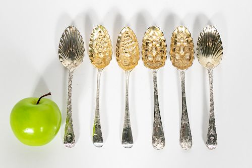Three Pairs of English & Irish Silver Berry Spoons